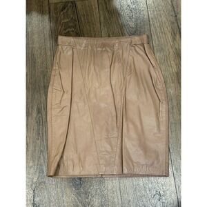 Vintage 80s Rudy's Tan Genuine Leather High-Waisted Skirt Button Accent Sz 34/M